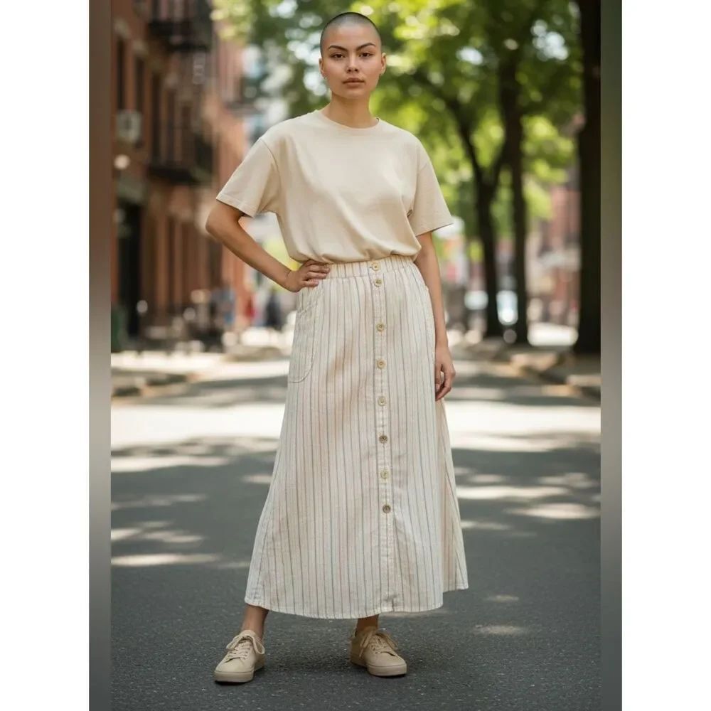 Flax By Jeanne Engelhart 100% Linen Striped Pockets Button Front Maxi Skirt L